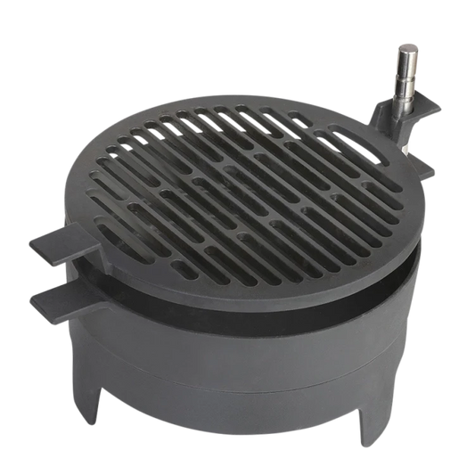 Morsø Grill ‘71 Table outdoor grill with black metal frame and wooden side tables, ideal for outdoor cooking and dining.